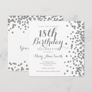 Invitación Plata 18 cumpleaños Purpurina de Faux Confetti Whi