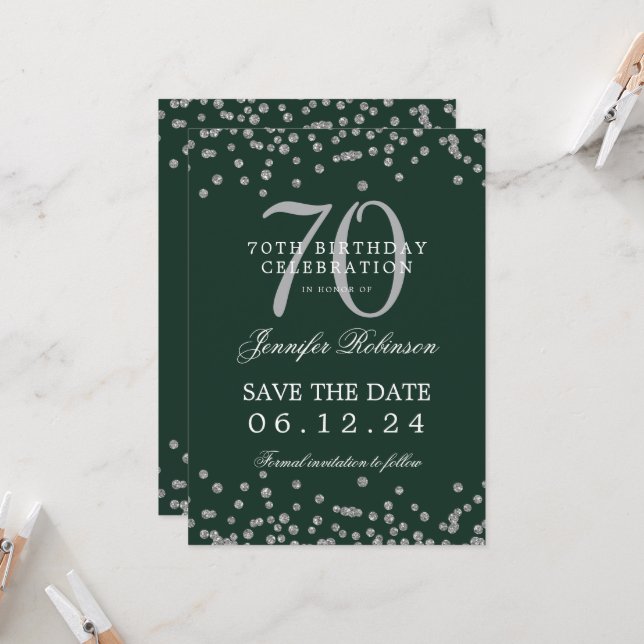 Invitación Plata 70 cumpleaños Fecha de reserva Detalles Verd (Anverso/Reverso In Situ)