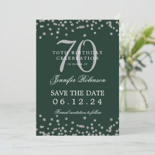 Invitación Plata 70 cumpleaños Salven fecha Confetti Verde