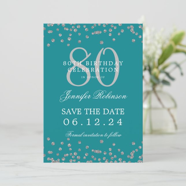 Invitación Plata 80 Cumpleaños Guardar fecha Detalles Turques (Anverso de pie)