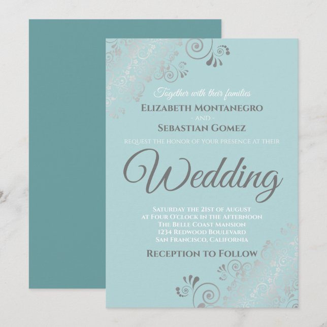 Invitación Plata Amigo Verde azulado claro y Boda gris (Anverso / Reverso)
