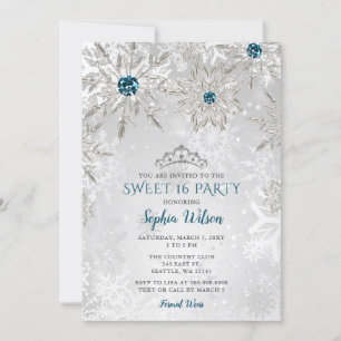Invitación Plata Aqua Snowflakes Tiara Sweet 16