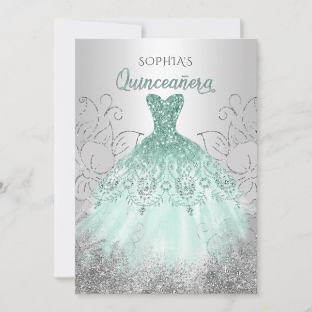 Invitación Plata Aqua Sparkle Vestido Quinceañera Quince (Anverso)