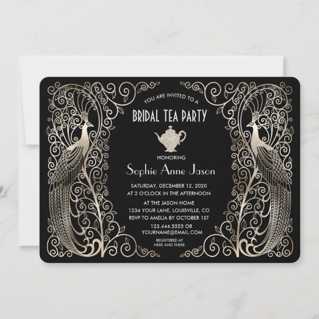 Invitación Plata Art Deco Peacocks Bridal Shower Tea Fiesta (Anverso)