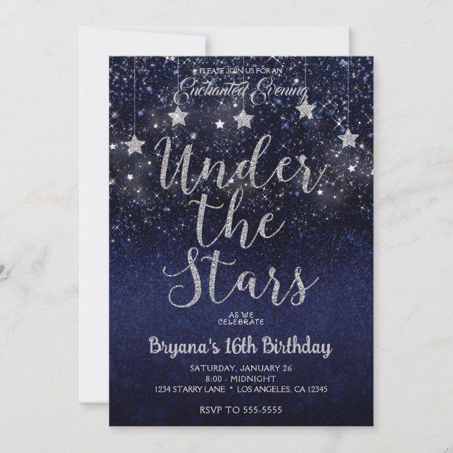 Invitación Plata Azul Bajo Las Estrellas Dulce Noche Starry 1 (Anverso)