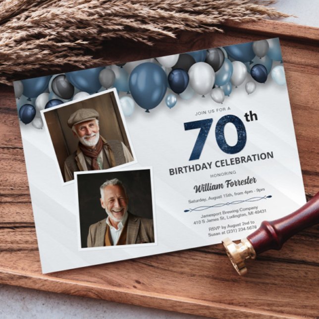 Invitación Plata Azul Blanco y Negro 70 cumpleaños 2 foto (Blue Silver Black & White 70th Birthday 2 Photo Invitation)