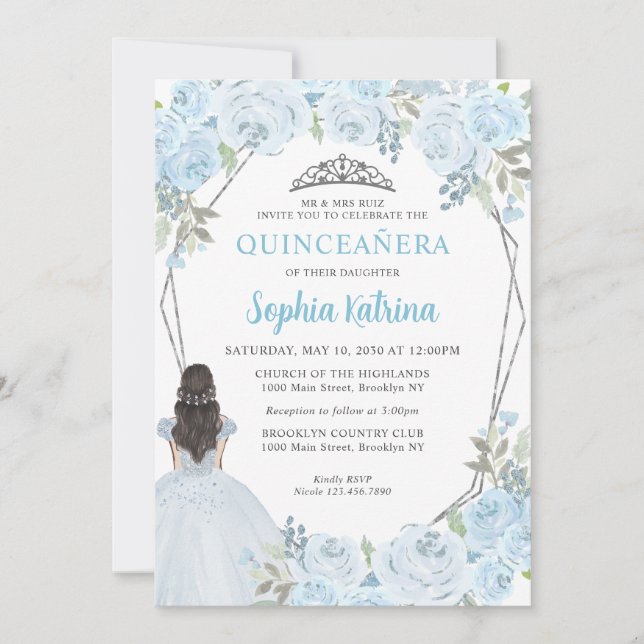 Invitación Plata azul claro suave floral Princesa Quinceañera (Anverso)
