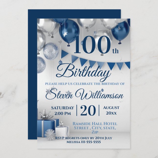 Invitación Plata Azul Cumpleaños 100 (Anverso / Reverso)