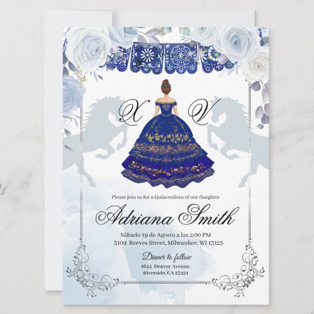 Invitación Plata azul de la marina española Mis Quince (Anverso)