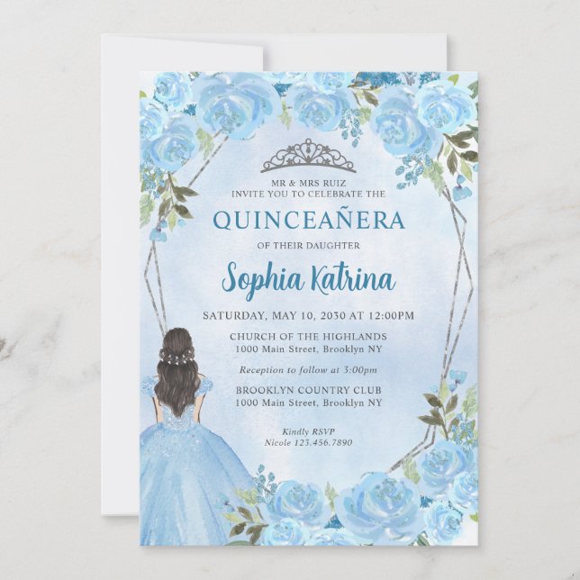 Invitación Plata azul dulce princesa floral Quinceañera (Anverso)