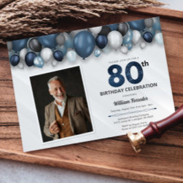 Invitación Plata azul en blanco y negro 80.ª foto de cumpleañ