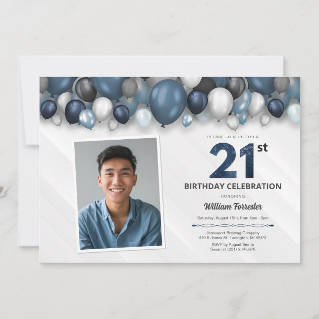 Invitación Plata azul, foto de cumpleaños 21 en blanco y negr (Anverso)