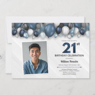 Invitación Plata azul, foto de cumpleaños 21 en blanco y negr