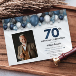 Invitación Plata azul, foto de cumpleaños 70 en blanco y negr