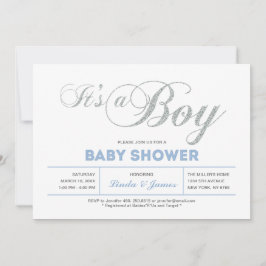 Invitación Plata, azul | Moderna Typography Boy Baby Shower