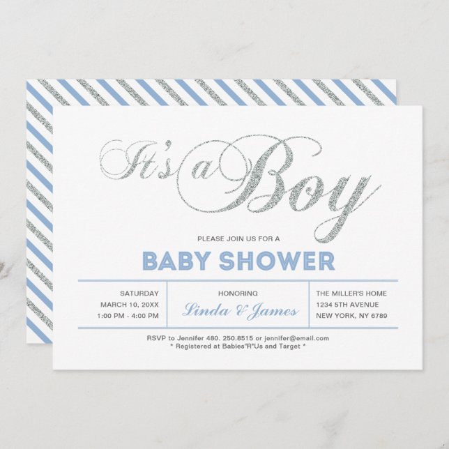 Invitación Plata, azul | Moderna Typography Boy Baby Shower (Anverso / Reverso)