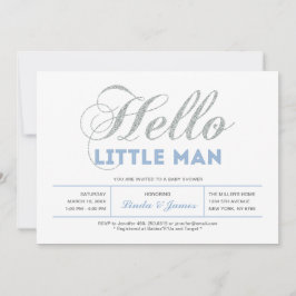 Invitación Plata, azul | Moderna Typography Boy Baby Shower