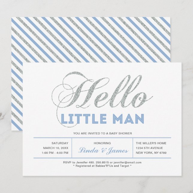 Invitación Plata, azul | Moderna Typography Boy Baby Shower (Anverso / Reverso)