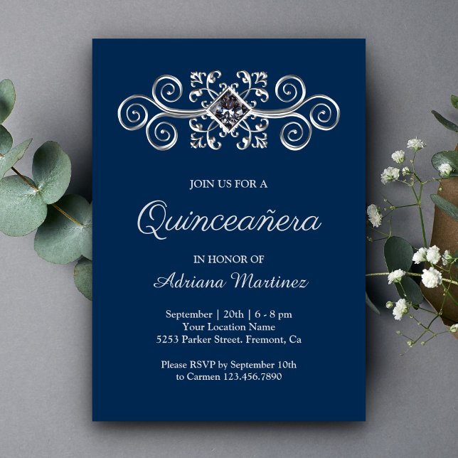 Invitación Plata Azul Navy Flourier Diamante Quinceanera (Subido por el creador)