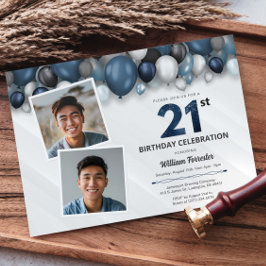 Invitación Plata Azul Negro y Blanco 21 Aniversario 2 Foto