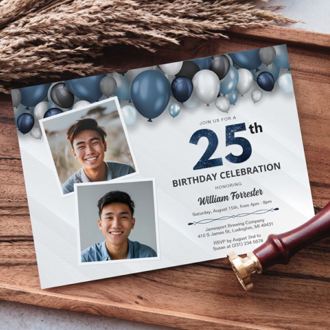 Invitación Plata Azul Negro y Blanco 25 Años 2 Foto (Blue Silver Black & White 25th Birthday 2 Photo Invitation)