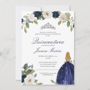 Invitación Plata Azul Tiara Vestido Floral Elegante Quinceañe