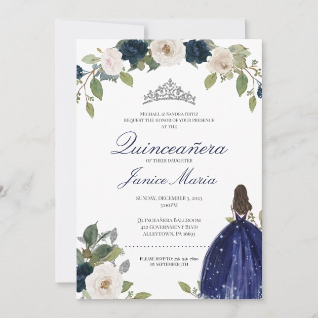 Invitación Plata Azul Tiara Vestido Floral Elegante Quinceañe (Anverso)