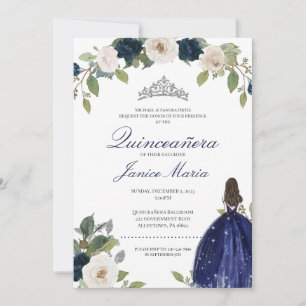 Invitación Plata Azul Tiara Vestido Floral Elegante Quinceañe