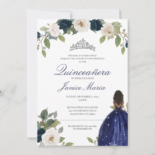 Invitación Plata Azul Tiara Vestido Floral Elegante Quinceañe (Anverso)