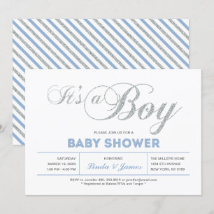 Invitación Plata, Azul   Tipografía Moderna Chico Baby Shower