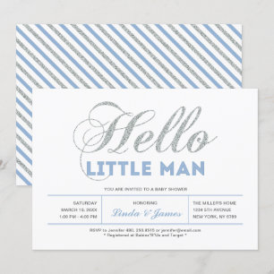 Invitación Plata, Azul   Tipografía Moderna para Baby Shower 