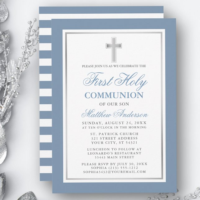 Invitación Plata azul turbia rayada primera comunión sagrada (Customize to change text size, color or text style.)