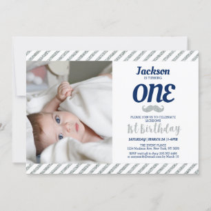 Invitación Plata, bigote   Foto del niño del primer cumpleaño