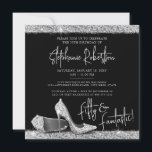 Invitación Plata Black High Heel Modern 50th Birthday Square<br><div class="desc">Moderno tema de zapatos de tacón alto "50 and Fantastic" 50th Birthday Party Square Invitation in Elegant y Glam Silver y Black Purpurina con letra de guión a la moda, junto con texto clásico de bloque de sif para los detalles fiestas. Presenta un par de falsas bombas de efecto purpurina...</div>