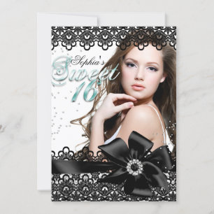 Invitación Plata Black Jade Lace Photo Sweet 16 Invite