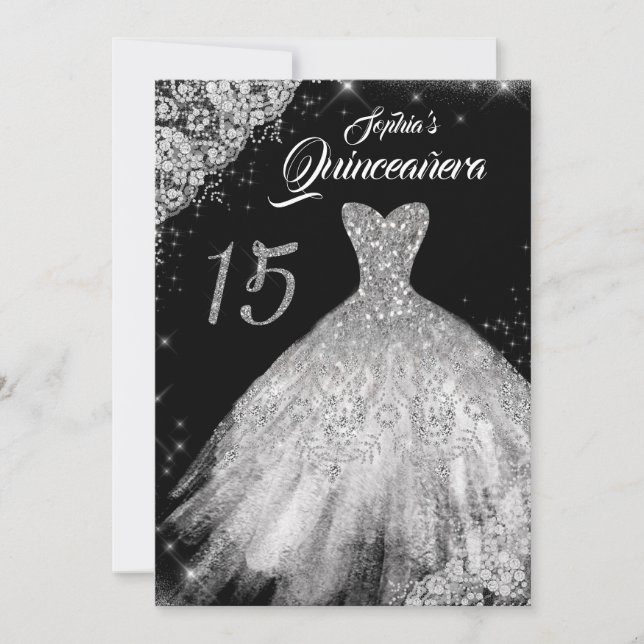 Invitación Plata Black Lace Diamond Sparkown Gown Quinceanera (Anverso)