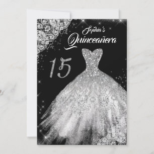 Invitación Plata Black Lace Diamond Sparkown Gown Quinceanera