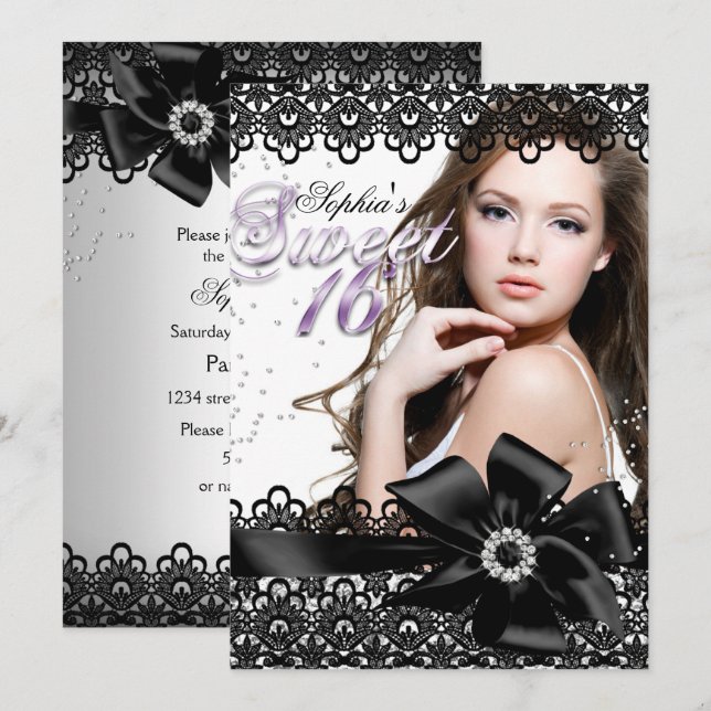 Invitación Plata Black Purple Lace Photo Sweet 16 Invite (Anverso / Reverso)