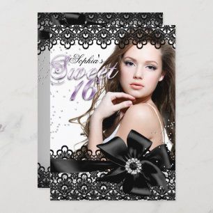 Invitación Plata Black Purple Lace Photo Sweet 16 Invite