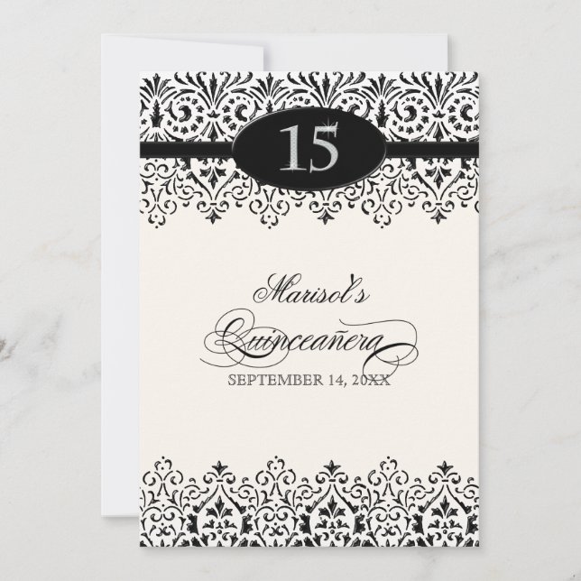 Invitación Plata blanca negra décimo quinto Quinceanera de la (Anverso)