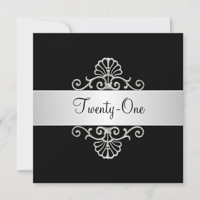 Invitación Plata Blanca y Negra 21 cumpleaños (Anverso)