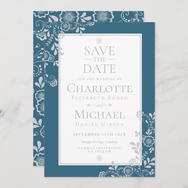 Invitación Plata Blue Floral Lace Save the Date (Anverso / Reverso)