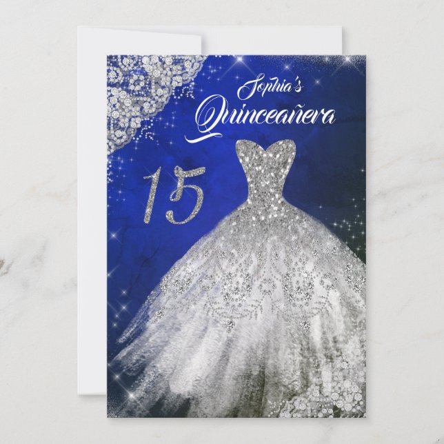 Invitación Plata Blue Lace Diamond Sparkle Gown Quinceanera (Anverso)