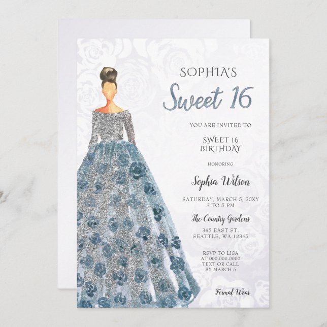Invitación Plata Blue Sparkle Vestido Dulce 16 cumpleaños Inv (Anverso / Reverso)