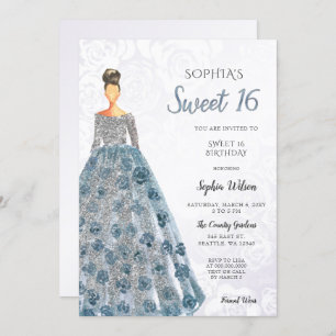 Invitación Plata Blue Sparkle Vestido Dulce 16 cumpleaños Inv