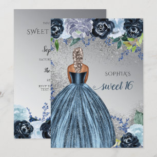 Invitación Plata Blue Sparkle Vestido dulce de 16 años