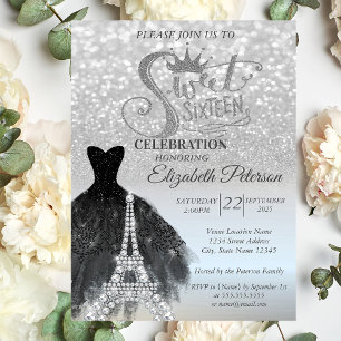 Invitación Plata Bokeh Vestido negro Eiffel Tower Sweet 16