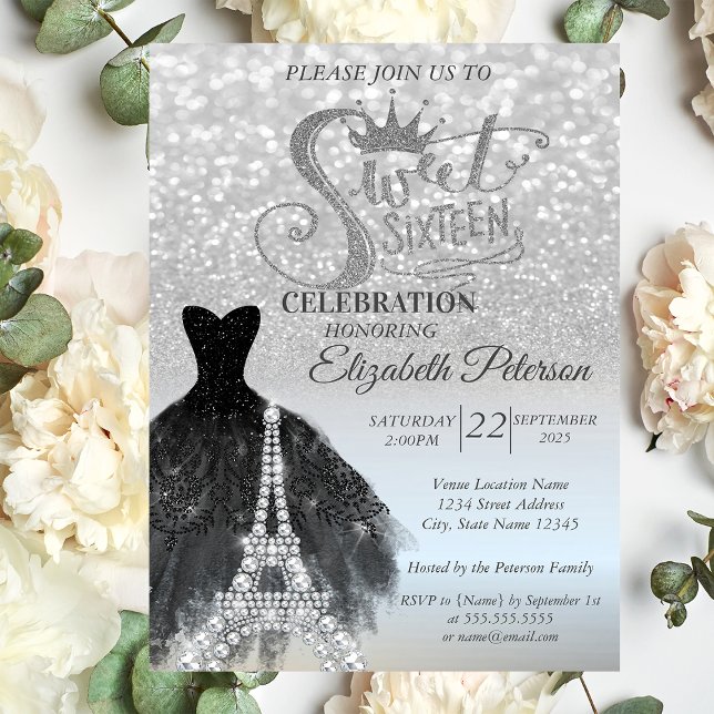 Invitación Plata Bokeh Vestido negro Eiffel Tower Sweet 16 (Subido por el creador)