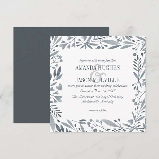 Invitación Plata Botánica | Boda floral | Cuadrada | (Anverso / Reverso)