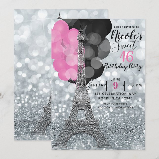 Invitación Plata Brillo y Globos París Fiesta Torre Eiffel (Anverso / Reverso)